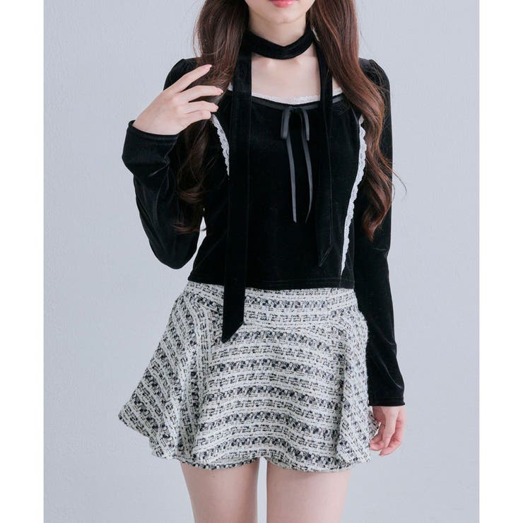 ブラック | 【OLIVE des OLIVE】タイ付ベロアトップス | NICE CLAUP / OLIVE des OLIVE　OUTLET