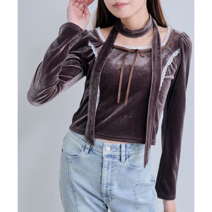 ブラウン | 【OLIVE des OLIVE】タイ付ベロアトップス | NICE CLAUP / OLIVE des OLIVE　OUTLET