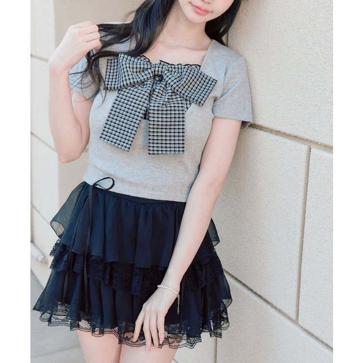 トップグレー | 【OLIVE des OLIVE】リボン映え半袖トップス | NICE CLAUP / OLIVE des OLIVE　OUTLET