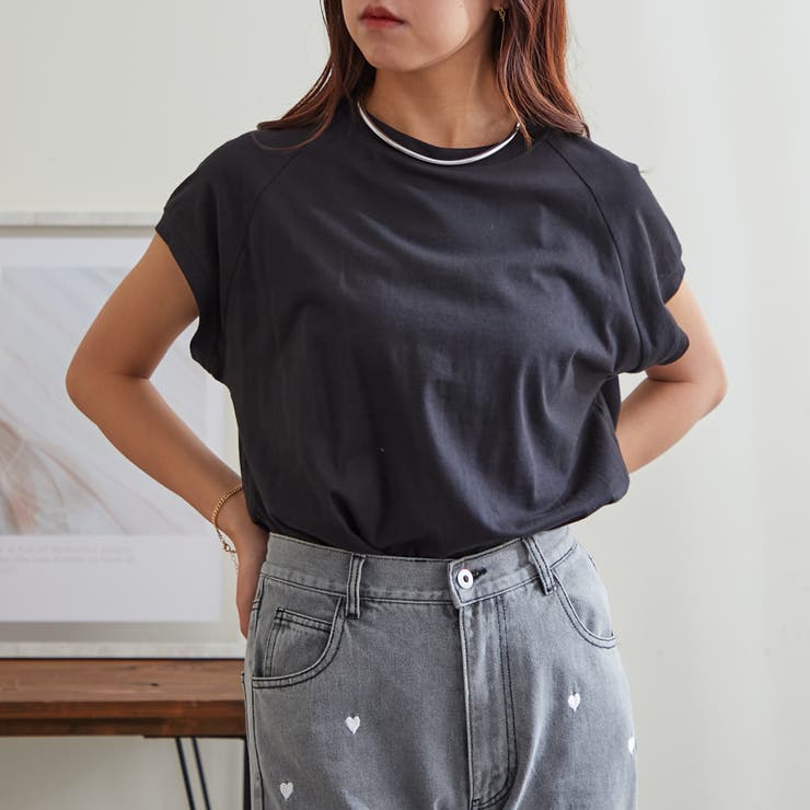 ブラック | 【コットン100％、サスティナブル】8色展開オーガニックコットンフレンチTシャツ | NICE CLAUP / OLIVE des OLIVE　OUTLET