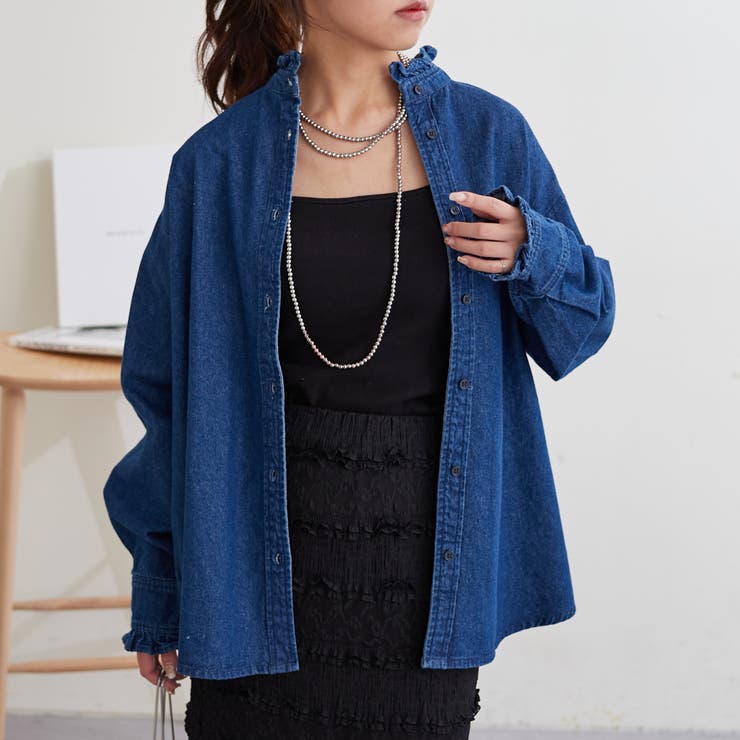 鈴香フリル付デニムノーカラージャケット　オフホワイト LBC｜LBCデニムノーカラージャケット | Rakuten Fashion(楽天