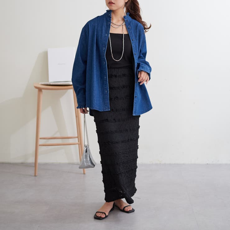 鈴香フリル付デニムノーカラージャケット　オフホワイト LBC｜LBCデニムノーカラージャケット | Rakuten Fashion(楽天