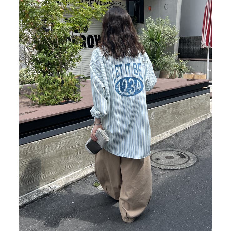 ブルー | 【NUNIFE】バックプリントストライプシャツ | NICE CLAUP / OLIVE des OLIVE　OUTLET