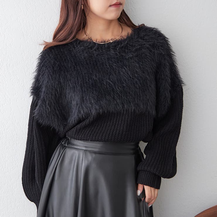 リバイバル】ふわふわシャギー切替ニットプルオーバー[品番