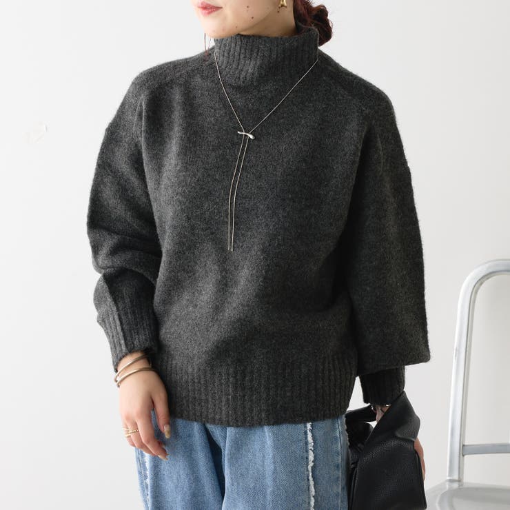 Gypsohila　カシミヤ混 ハイネックニット グレー　ワイド幅　ゆったり 快ラクWEAR ウォッシャブル カシミヤ混 無地 タートルネック