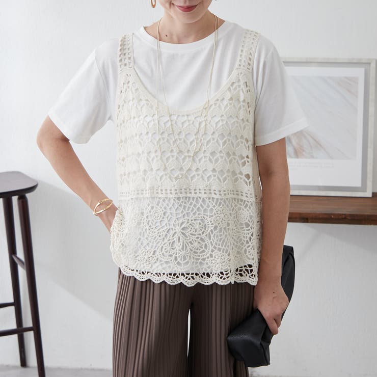 torici 鍵編みベスト 白 torici 鍵編みベスト 白 torici 鍵編みベスト 白 配色カギ針編み風