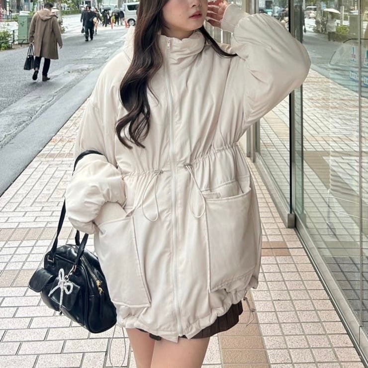 裏地が可愛い♡ ストフ　ボックスコート スタンドネック＆ウエストドロスト中綿コート[品番：OLOW0014846