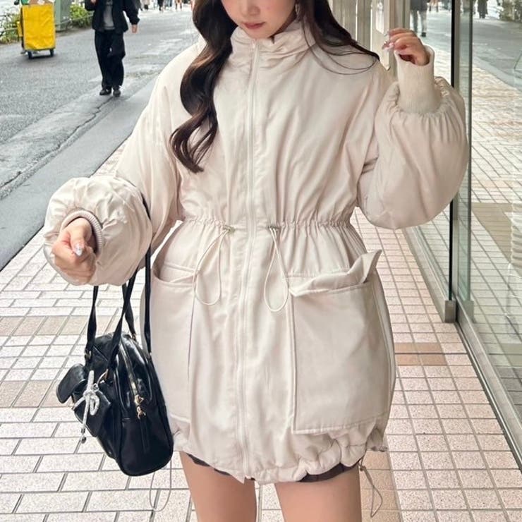 スタンドネック＆ウエストドロスト中綿コート[品番：OLOW0014846