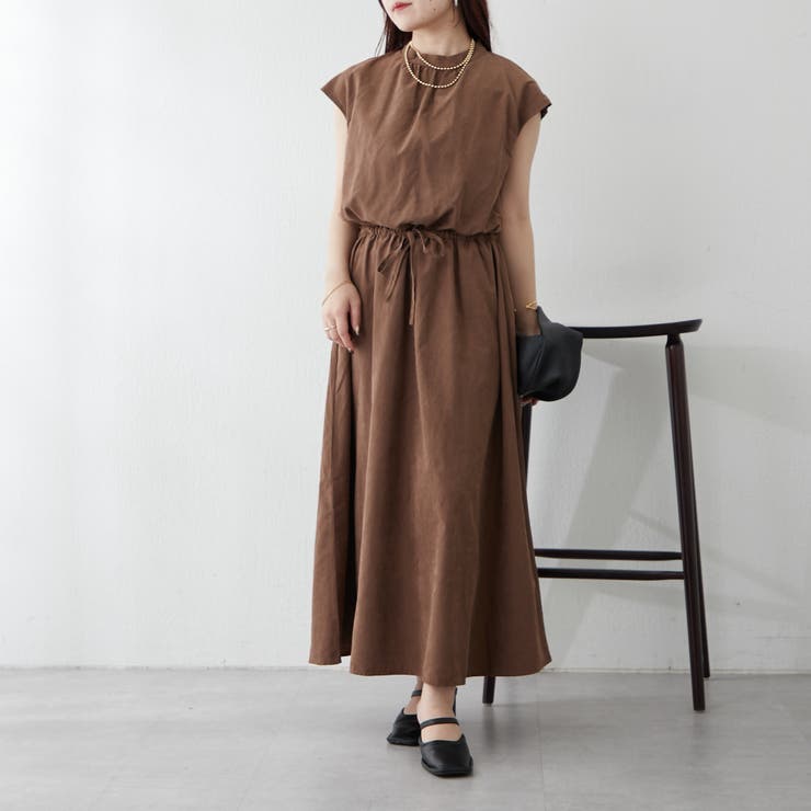 [未使用]PLEATS PLEASE 襟なしフレンチスリーブロングワンピース茶色 フレンチスリーブロング丈ワンピース【ゆったりワンサイズ