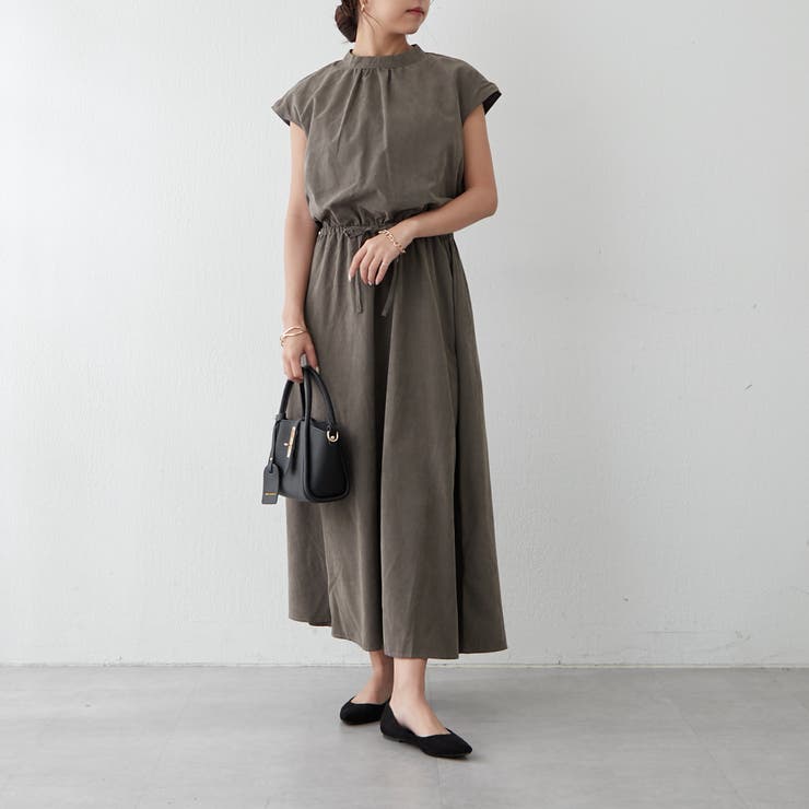 [未使用]PLEATS PLEASE 襟なしフレンチスリーブロングワンピース茶色 Lace Ladies ワンピース フレンチスリーブロングワンピース