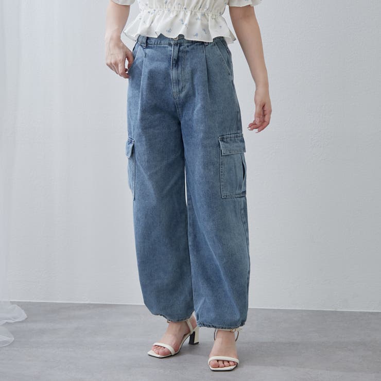 オフホワイト ブルー ワイドカーゴデニムジーンズ ワンフォークロージング 1111clothing ◇バルーンカーゴ ライン