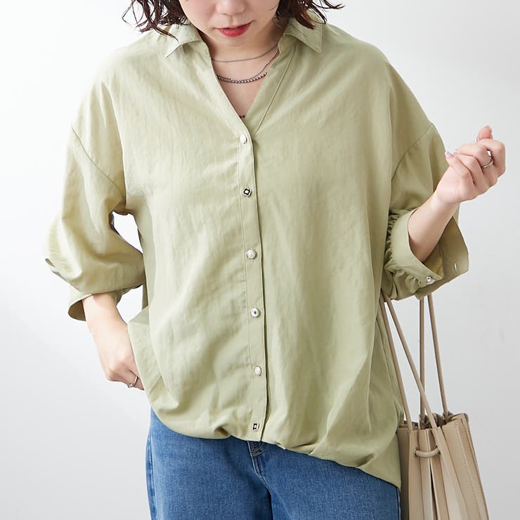 【タグ付・セットアップあり】ふりふ くすみグリーンブラウス フロントタックジョーゼットブラウス/洗える/WEB限定サイズあり