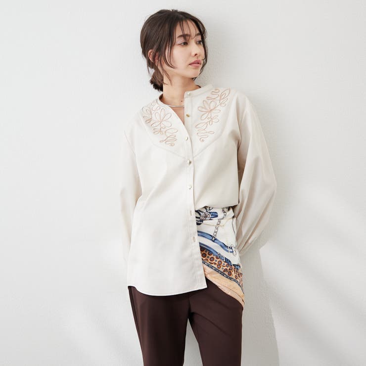 美品 ビアズリー 24SS ゆったり 裾刺繍 フレンチシャツ バンドカラー 綿 楽天市場】シャツ 刺繍 綿シャツ 刺繍シャツ レディース 長袖