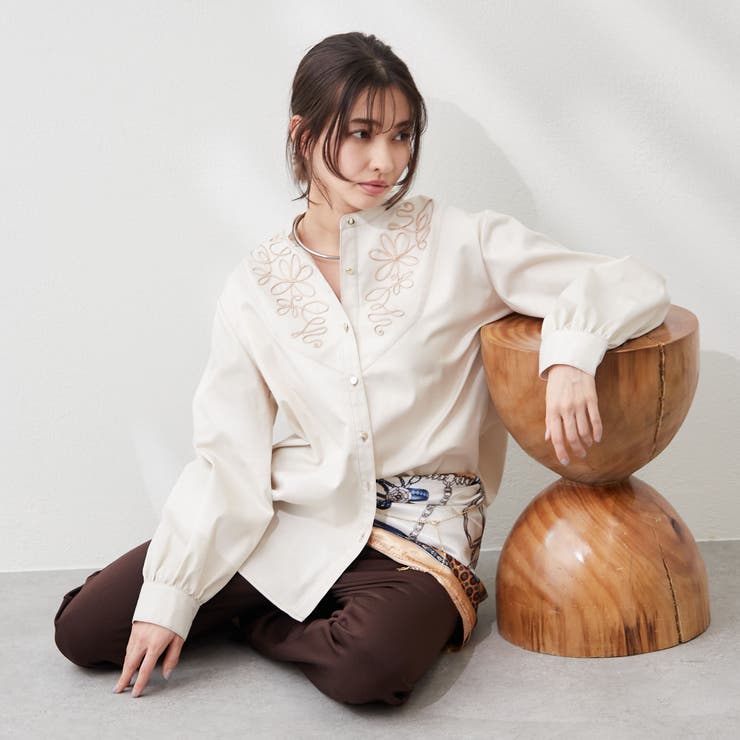 美品✼ビューティー＆ユース✼LINIFICIO 麻100 バンドカラーシャツ 白 セール】麻 オープンカラー シャツ（シャツ/ブラウス