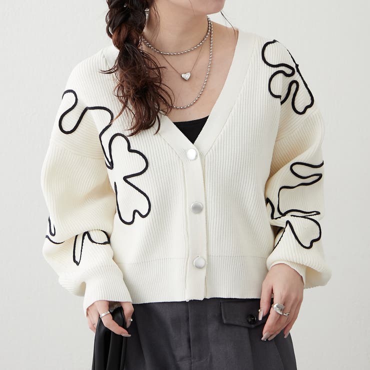 ライン刺繍ニットカーデ[品番：OLOW0015155]｜RMAF NICE CLAUP / OLIVE