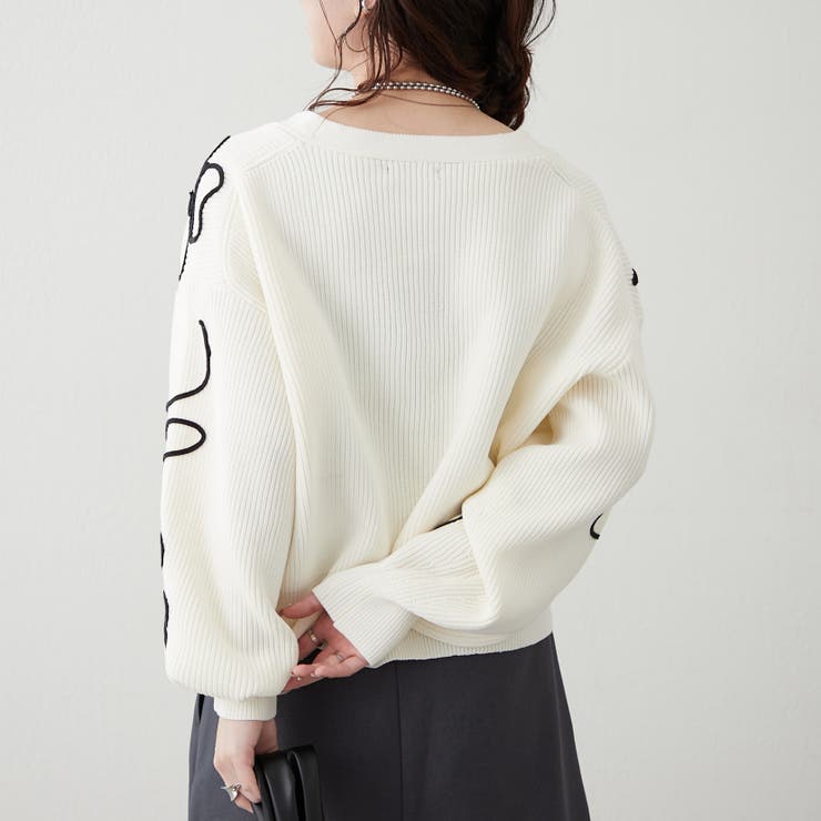 ライン刺繍ニットカーデ[品番：OLOW0015155]｜RMAF NICE CLAUP / OLIVE