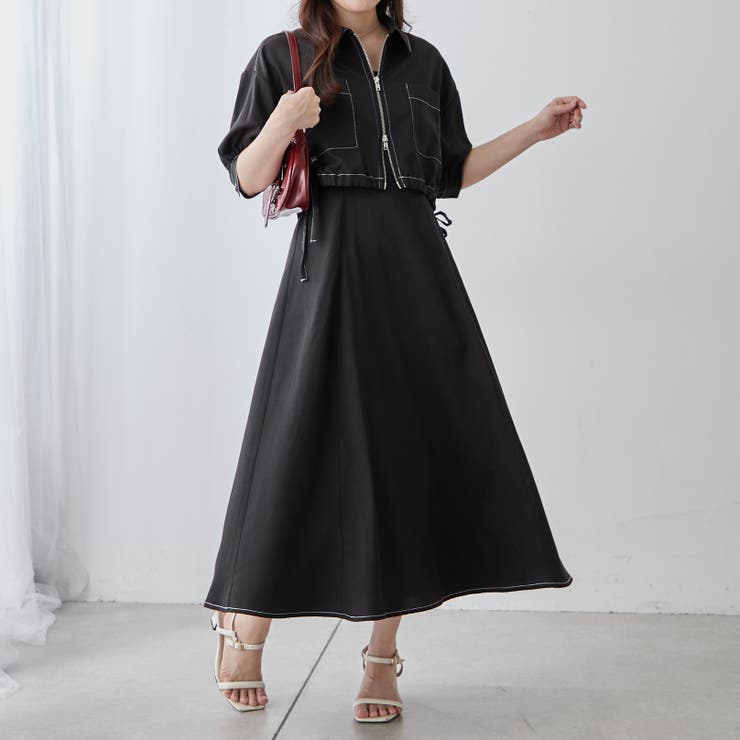 5分袖配色ステッチジャケット&ワンピースセット[品番：OLOW0015680