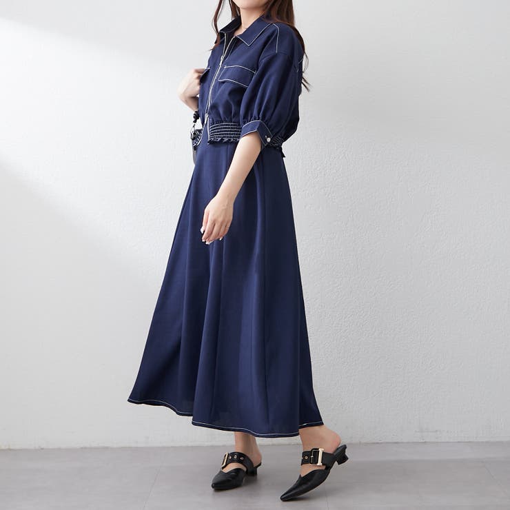 裾シャーリングジャケット&ワンピースセット[品番：OLOW0015704