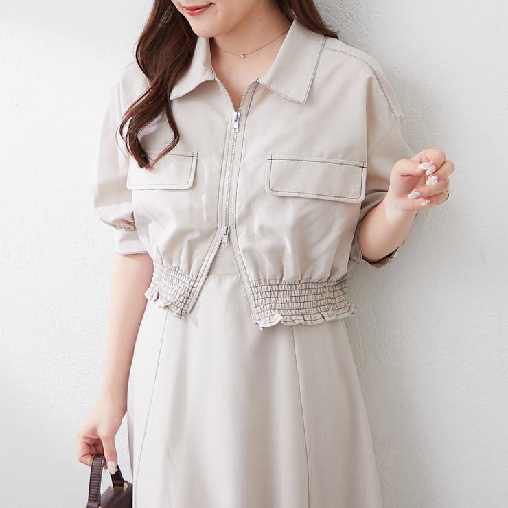 裾シャーリングジャケット&ワンピースセット[品番：OLOW0015704