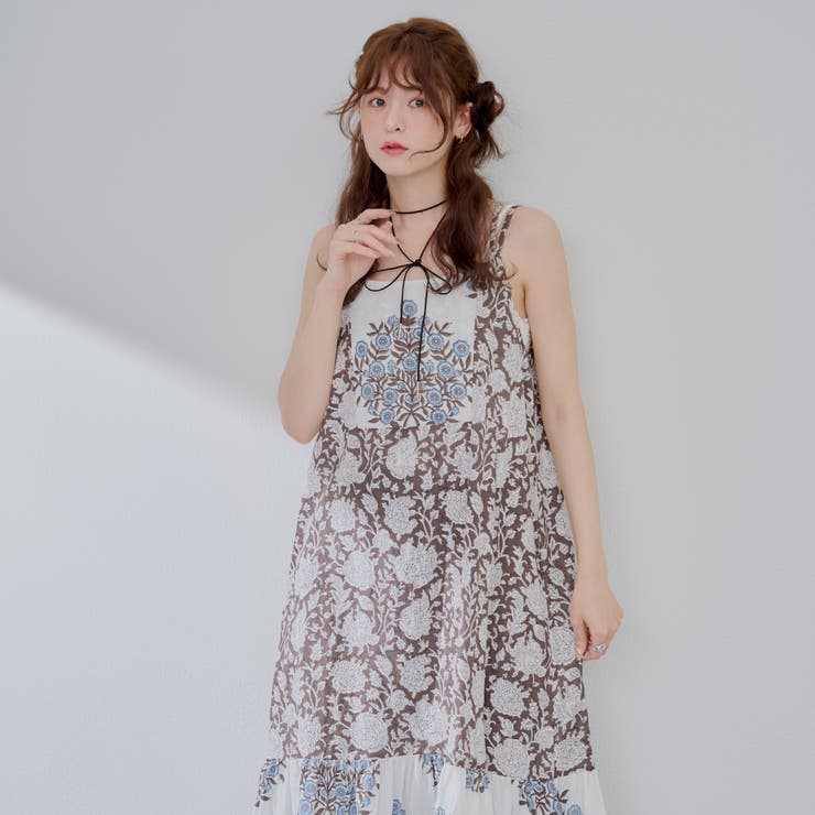 パッチ花柄タッセル付キャミワンピース[品番：OLOW0015838