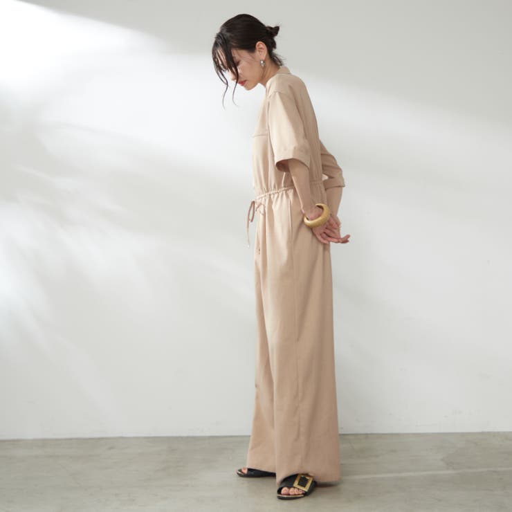 ☆お値下げしました☆ リネンハーフスリーブオールインワン ナチュラル サイズ展開あり、ハーフスリーブオールインワン[品番：OLOW0016124