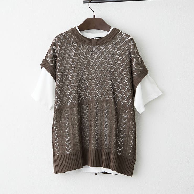 ブラウン | 【セットアイテム】レイヤードスタイルが即完成！透かし編ベスト＆Tシャツ | RMAF　NICE CLAUP / OLIVE des OLIVE