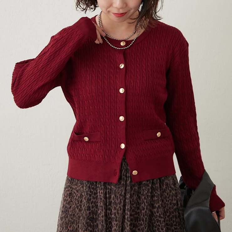 【OLIVE des OLIVE】ケーブルニットカーディガン(F)ワインレッド ケーブル金釦カーディガン[品番：OLOW0016430]｜RMAF NICE CLAUP