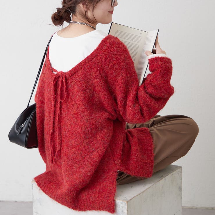 レッド | ブークレV開きニットプルオーバー | RMAF　NICE CLAUP / OLIVE des OLIVE