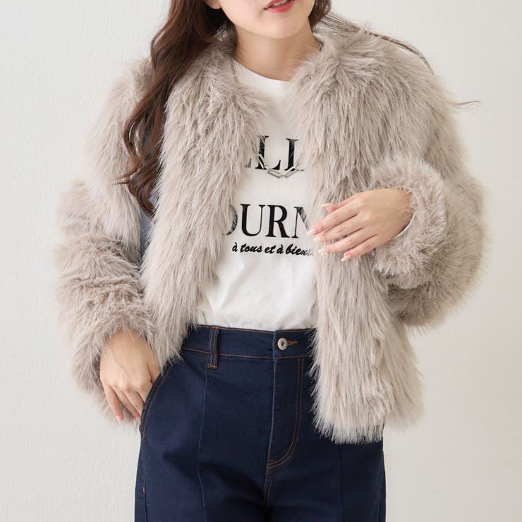 グレージュ | フォックス風ノーカラー ファーコート | RMAF　NICE CLAUP / OLIVE des OLIVE