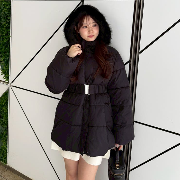 ブラック | 今季のイチオシアウターはこれ！ベルト付き中綿フードファーコート | RMAF　NICE CLAUP / OLIVE des OLIVE