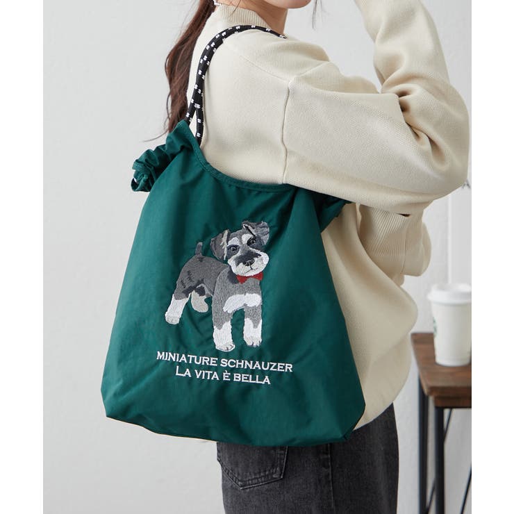 プロフ必読deep ファスナー付きバッグ大 犬柄グリーン ハンドメイド