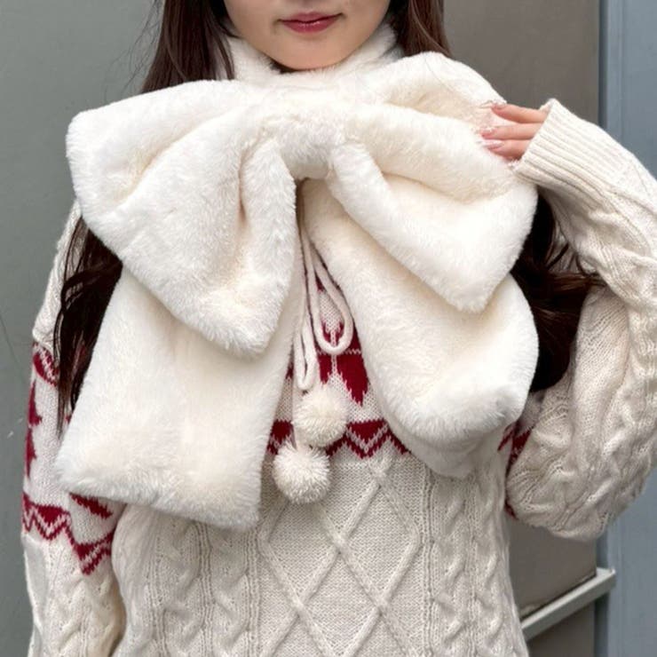 アイボリー | ビッグリボンフェイクファースヌード | RMAF　NICE CLAUP / OLIVE des OLIVE