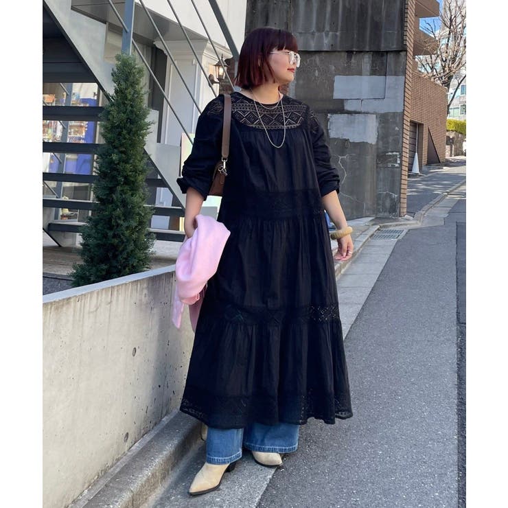 ブラック | 【nane】レース切替ロングワンピース | RMAF　NICE CLAUP / OLIVE des OLIVE