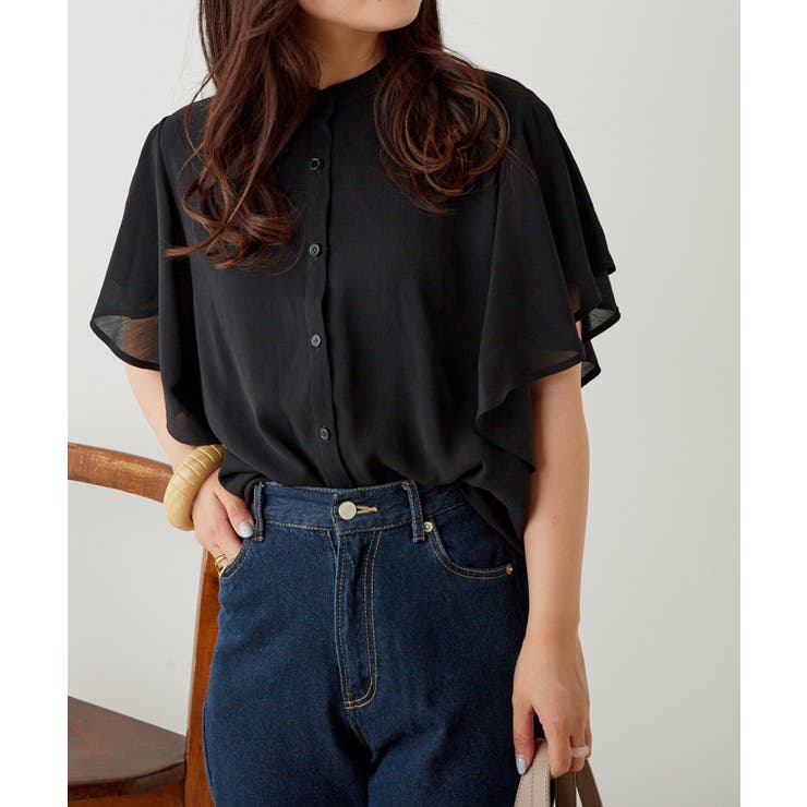 ブラック | 【Web限定】オフィスカジュアルにも♪袖フレアーバンドカラーブラウス | NICE CLAUP / OLIVE des OLIVE　OUTLET