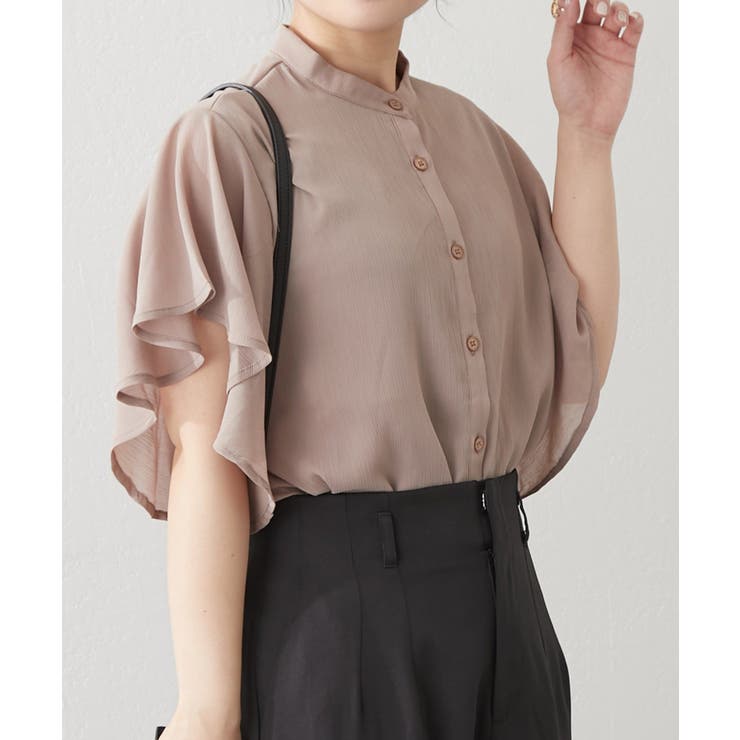 グレージュ | 【Web限定】オフィスカジュアルにも♪袖フレアーバンドカラーブラウス | NICE CLAUP / OLIVE des OLIVE　OUTLET