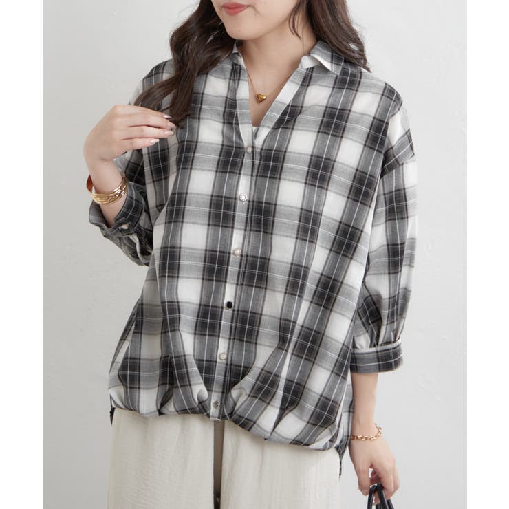 ブラック | 先染めチェックタケノコタックブラウス | RMAF　NICE CLAUP / OLIVE des OLIVE