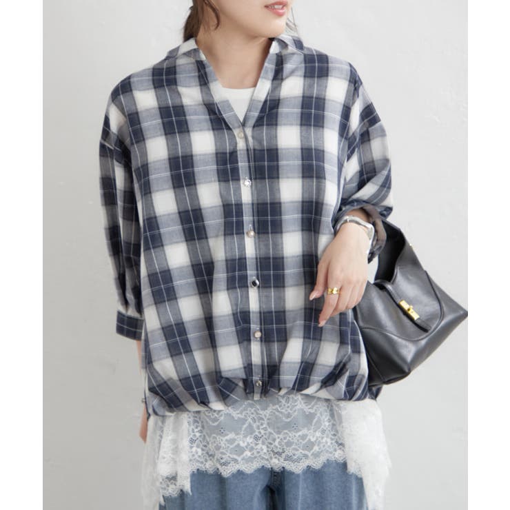 ネイビー | 先染めチェックタケノコタックブラウス | RMAF　NICE CLAUP / OLIVE des OLIVE