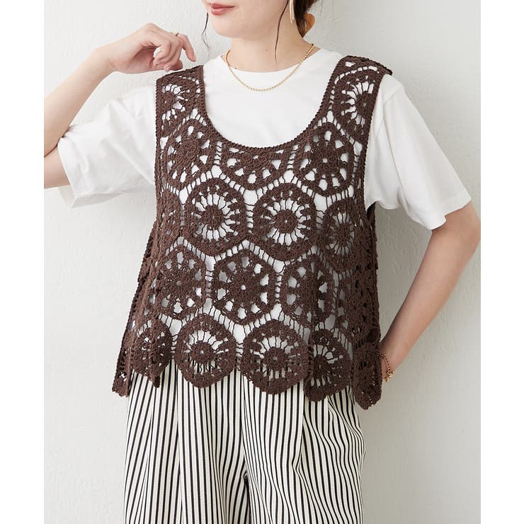 ブラウン | 【セットアイテム】かぎ針ベスト＋Tシャツ | RMAF　NICE CLAUP / OLIVE des OLIVE