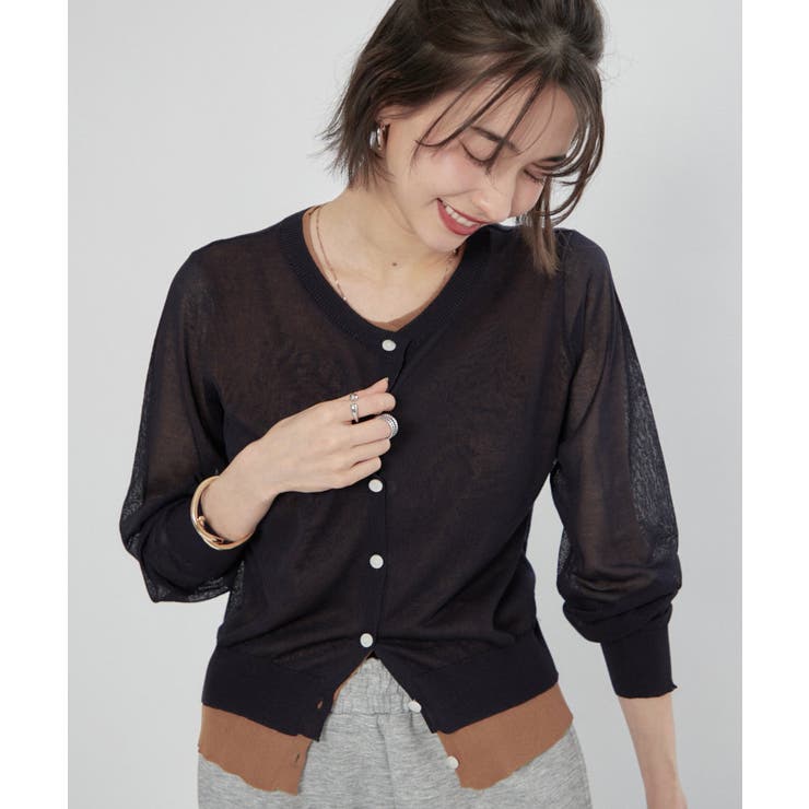 ネイビー | シアーレイヤード配色カーディガン | RMAF　NICE CLAUP / OLIVE des OLIVE