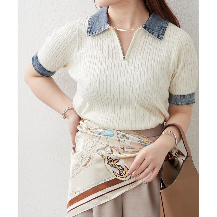 デニム切替ハーフジップ半袖ニット | RMAF　NICE CLAUP / OLIVE des OLIVE | 詳細画像2 