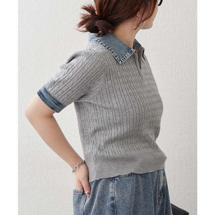 グレー | デニム切替ハーフジップ半袖ニット | RMAF　NICE CLAUP / OLIVE des OLIVE