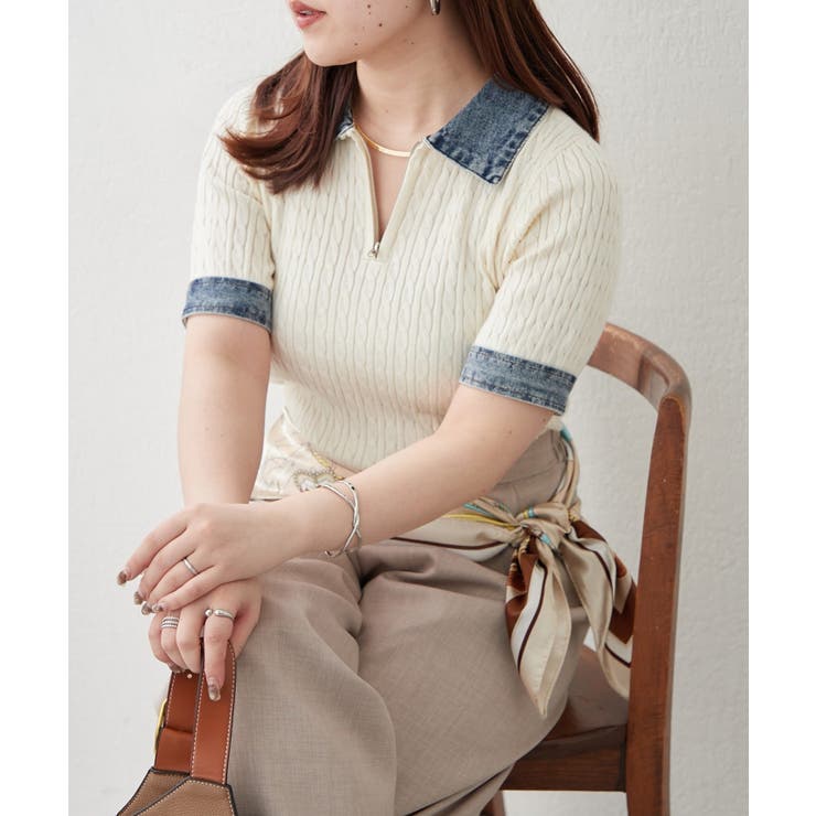 アイボリー | デニム切替ハーフジップ半袖ニット | RMAF　NICE CLAUP / OLIVE des OLIVE