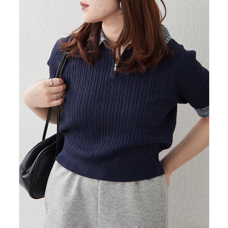 ネイビー | デニム切替ハーフジップ半袖ニット | RMAF　NICE CLAUP / OLIVE des OLIVE