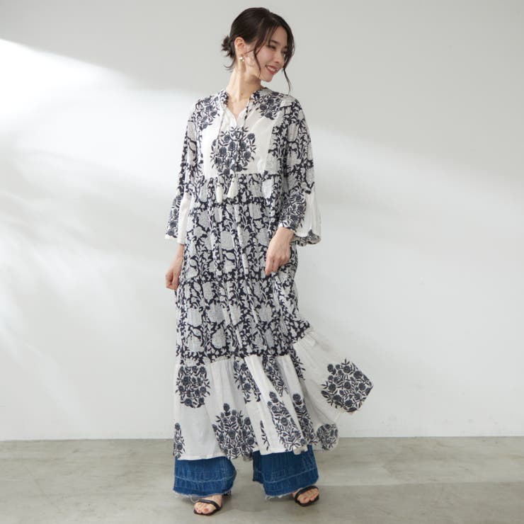 ブラック | 【nane】インド綿 総柄ワンピース | RMAF　NICE CLAUP / OLIVE des OLIVE