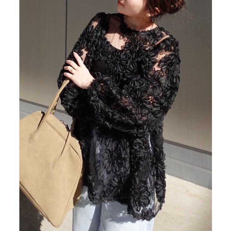 ブラック | 花柄チュールパフ長袖ブラウス | RMAF　NICE CLAUP / OLIVE des OLIVE