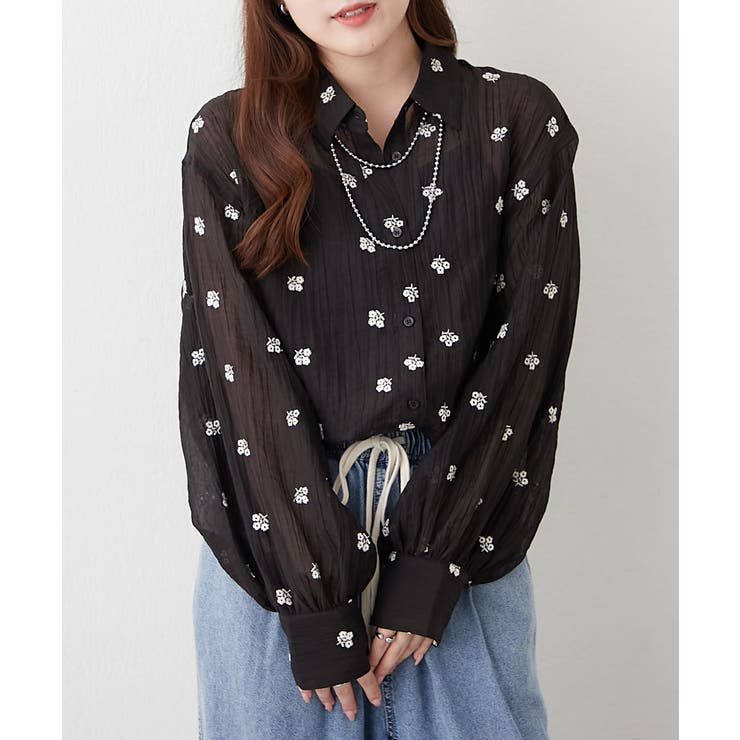 ブラック | 上品な透け感、刺繍ビッグシャツ | RMAF　NICE CLAUP / OLIVE des OLIVE