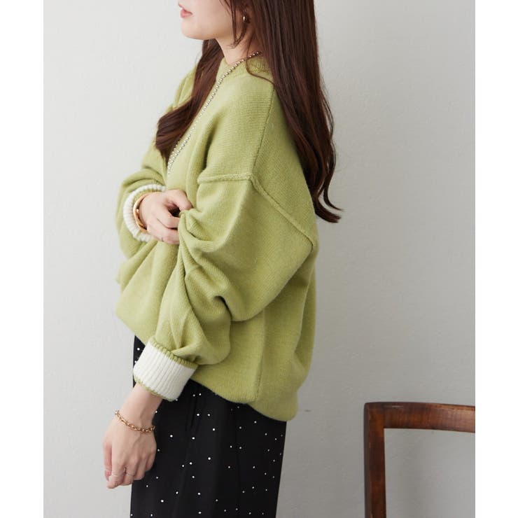 グリーン | 【5色展開】配色使いニットプルオーバー | RMAF　NICE CLAUP / OLIVE des OLIVE