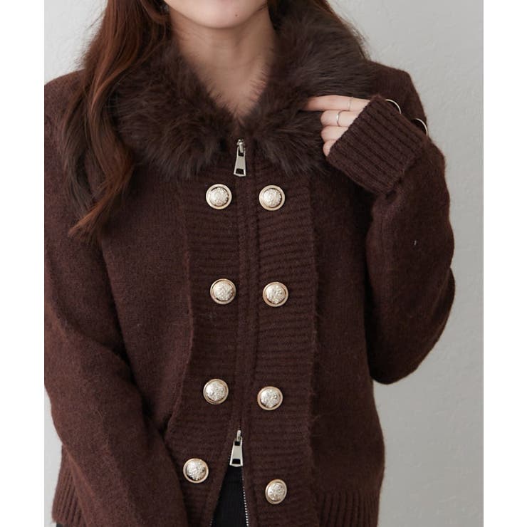 ブラウン | ファー衿ダブルボタンジップカーディガン | RMAF　NICE CLAUP / OLIVE des OLIVE