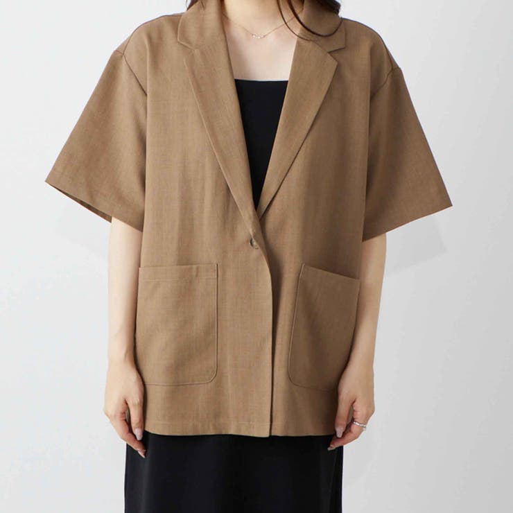 11日までセール◎【試着のみ美品】リネンハーフスリーブオールインワン ナチュラル エステルリネンライクハーフスリーブシャツジャケット[品番
