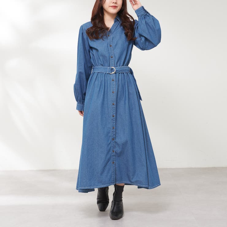 デニム共ベルト付き抜き衿ワンピース[品番：OLOW0009731]｜RMAF NICE